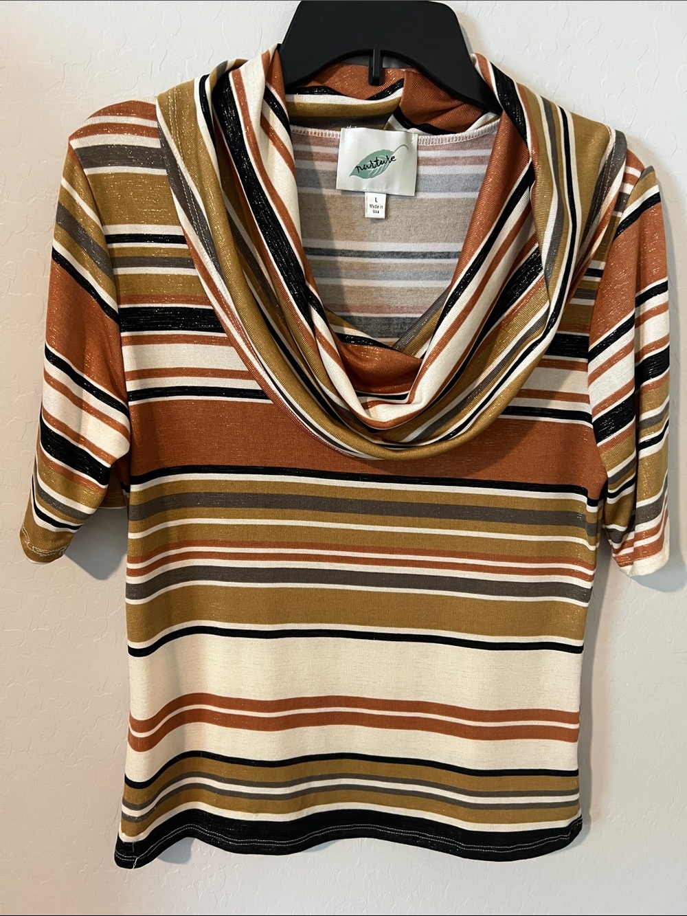 Nurture Striped Cowl Neck Sweater - Sparkle Brown, Rust, Tan, & Cream